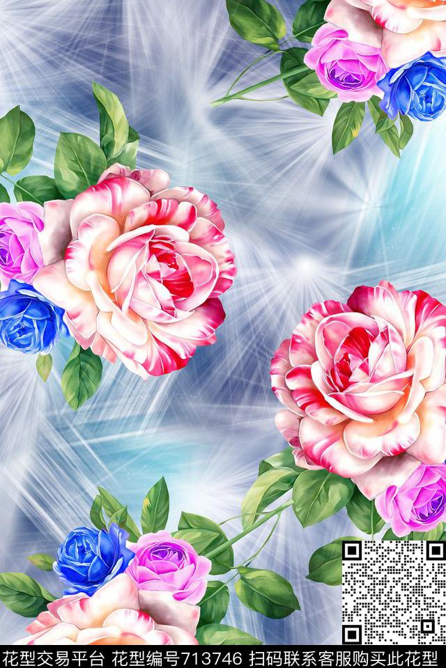 抽象手绘彩绘玫瑰花数码印花是潮流女装裙子清爽艳丽印花极光条纹分形印花数码印花华亿平台下载（图片编号: 713746） - 瓦栏（Walan）