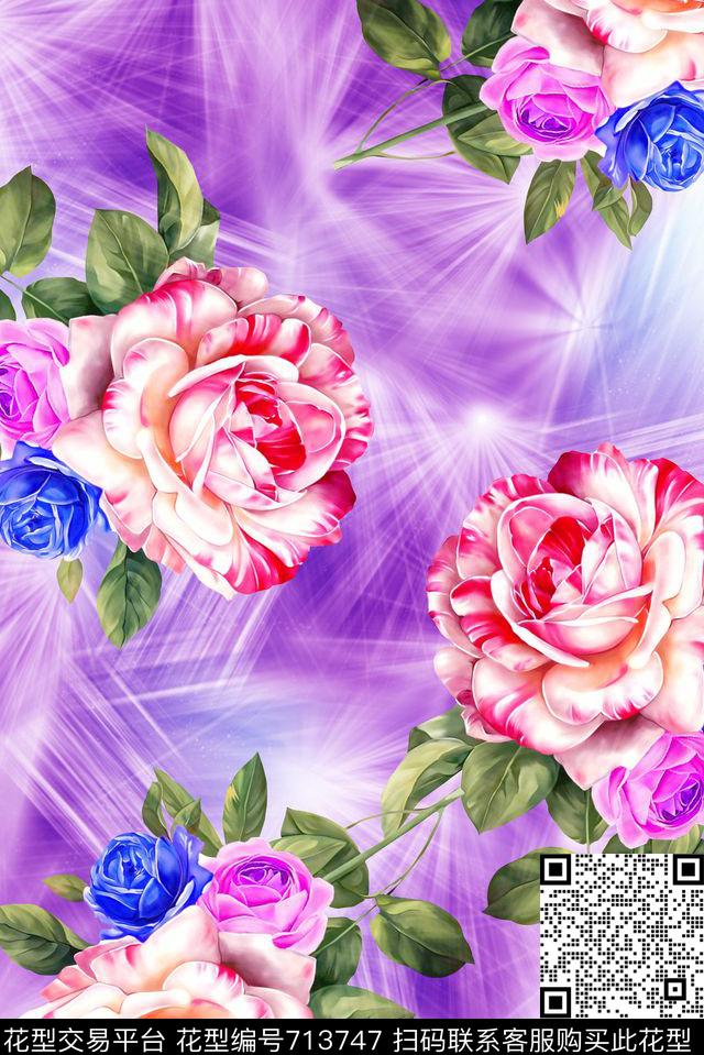 抽象手绘彩绘玫瑰花数码印花是潮流女装裙子清爽艳丽印花极光条纹分形印花数码印花华亿平台下载（图片编号: 713747） - 瓦栏（Walan）