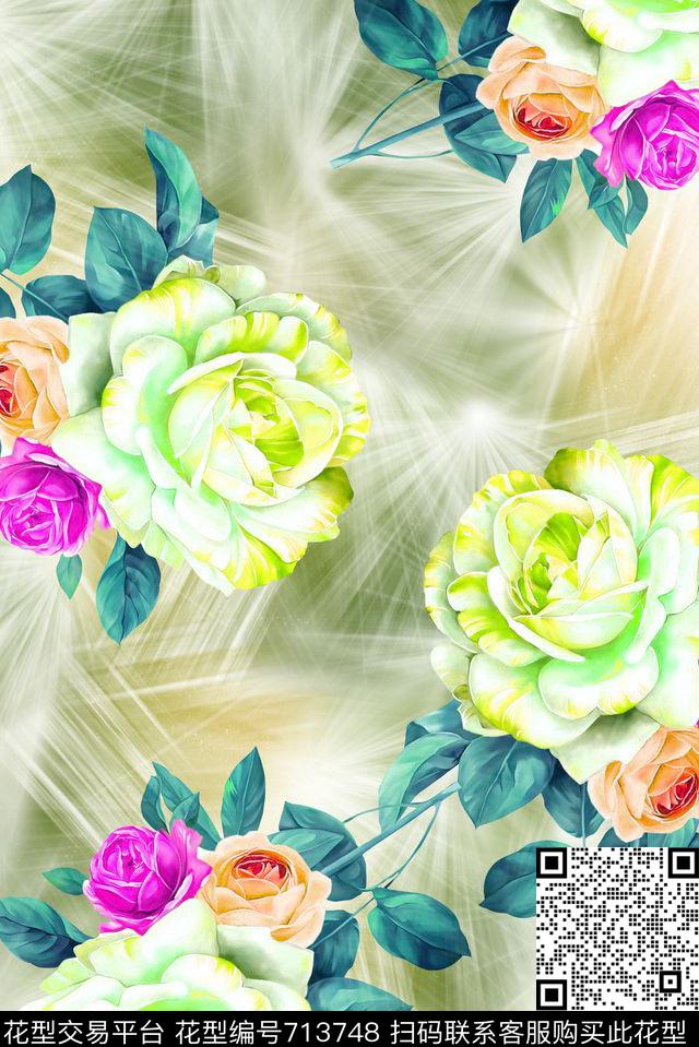 抽象手绘彩绘玫瑰花数码印花是潮流女装裙子清爽艳丽印花极光条纹分形印花数码印花华亿平台下载（图片编号: 713748） - 瓦栏（Walan）