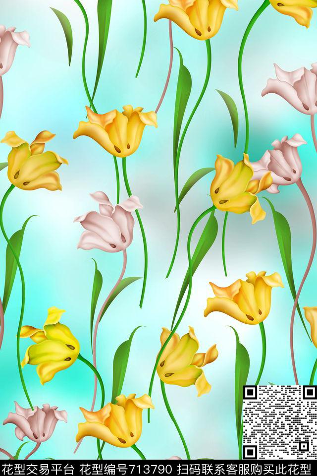 女装满版花卉旗袍。郁金香数码印花华亿平台下载（图片编号: 713790） - 瓦栏（Walan）