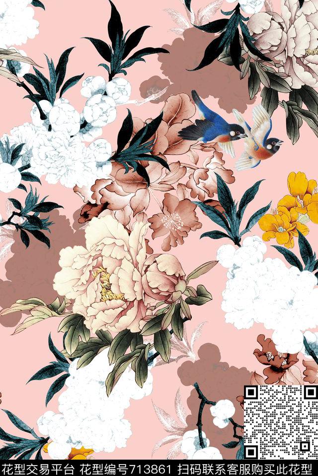 中国风淡雅花鸟数码印花华亿平台下载（图片编号: 713861） - 瓦栏（Walan）
