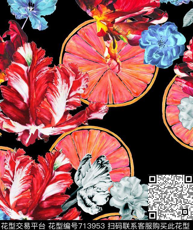 欧美风花卉印花花卉郁金香大花数码印花华亿平台下载（图片编号: 713953） - 瓦栏（Walan）