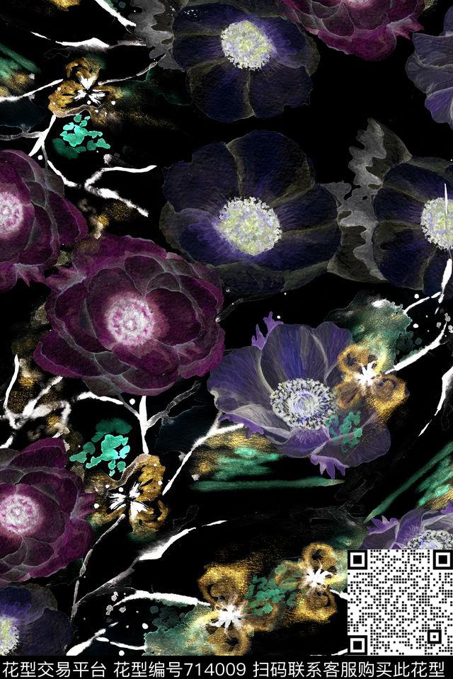 手绘花卉烫金数码印花华亿平台下载（图片编号: 714009） - 瓦栏（Walan）