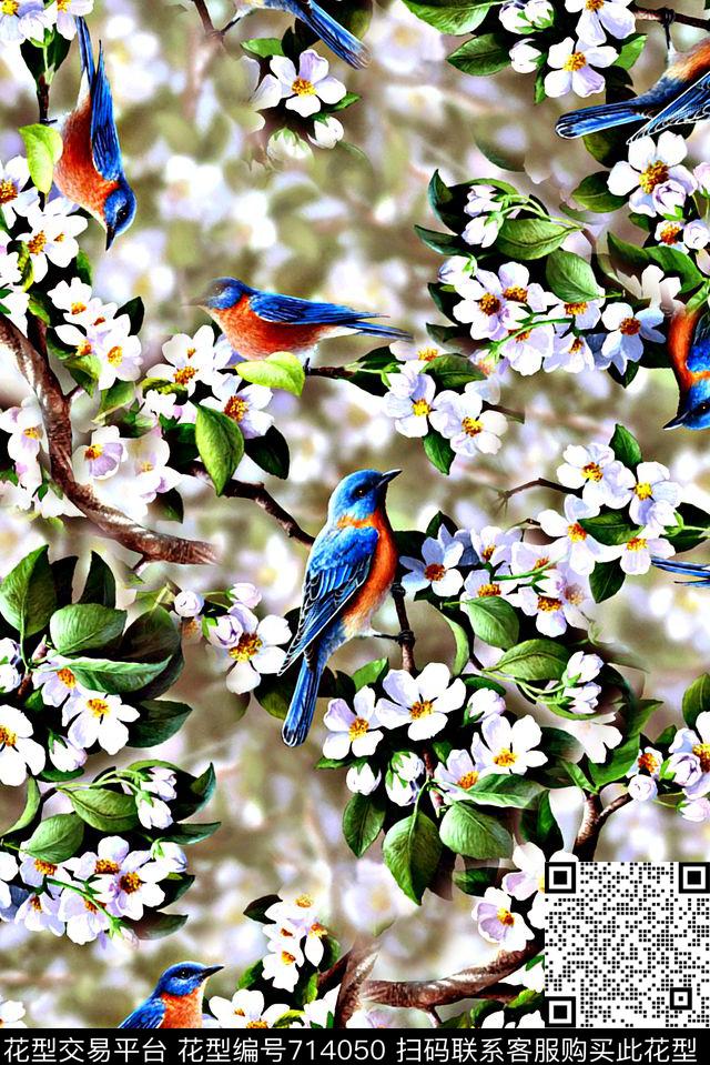 抽象手绘水彩画植物叶子鸟数码印花时尚潮流女装裙子风景动物印花欧美大牌女装复古夹克外套印花数码印花华亿平台下载（图片编号: 714050） - 瓦栏（Walan）