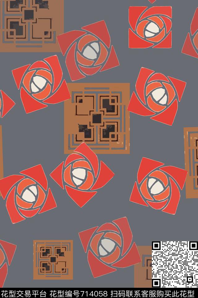 创意格子玫瑰花意向抽象花卉传统印花华亿平台下载（图片编号: 714058） - 瓦栏（Walan）