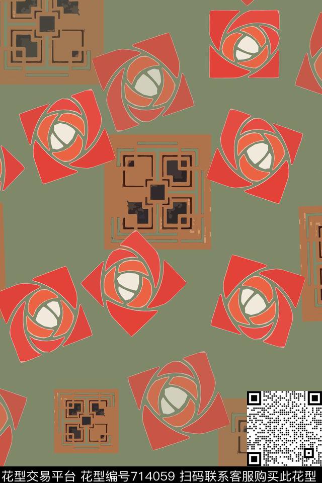 创意格子玫瑰花意向抽象花卉传统印花华亿平台下载（图片编号: 714059） - 瓦栏（Walan）