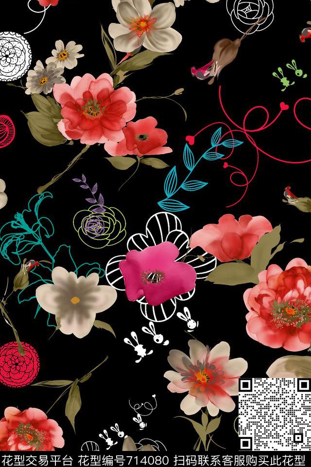 乱花花朵花卉数码印花华亿平台下载（图片编号: 714080） - 瓦栏（Walan）