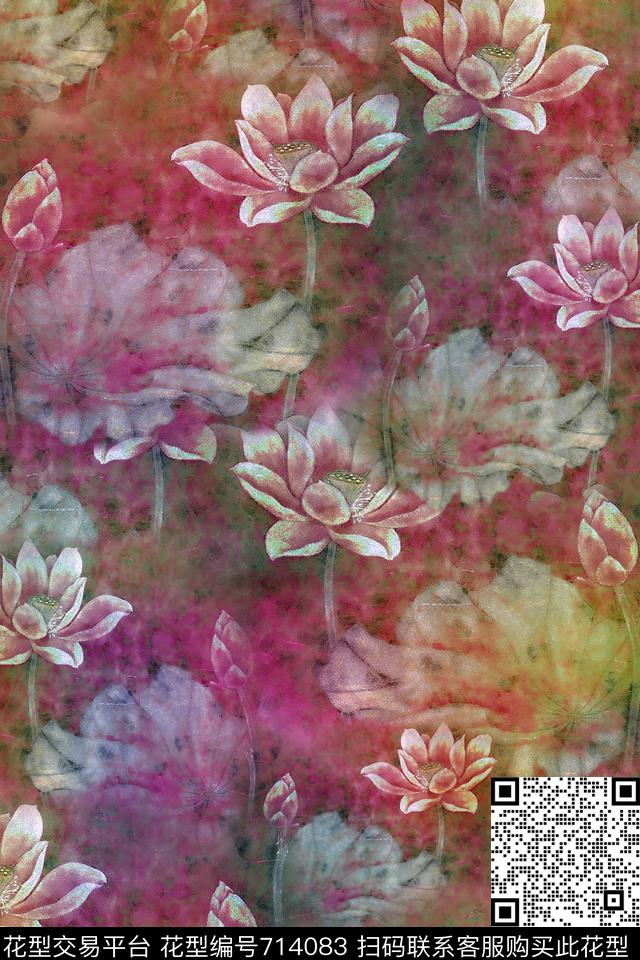 荷花花卉五彩数码印花华亿平台下载（图片编号: 714083） - 瓦栏（Walan）