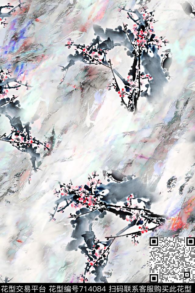 花卉水墨梅花数码印花华亿平台下载（图片编号: 714084） - 瓦栏（Walan）