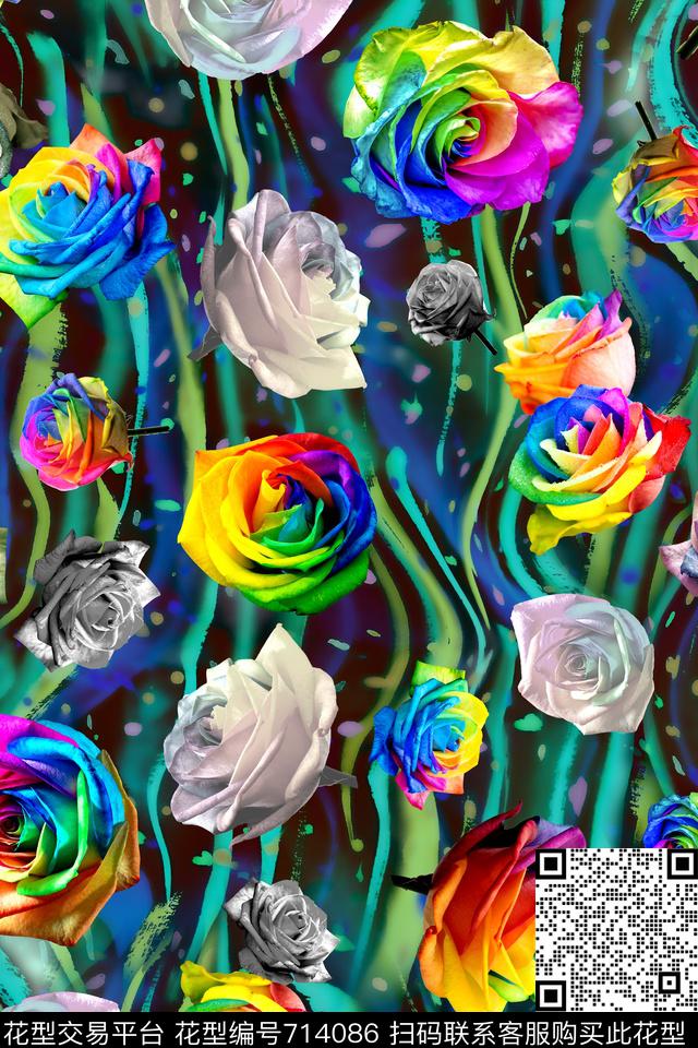 多彩花朵条纹加花卉花卉数码印花华亿平台下载（图片编号: 714086） - 瓦栏（Walan）