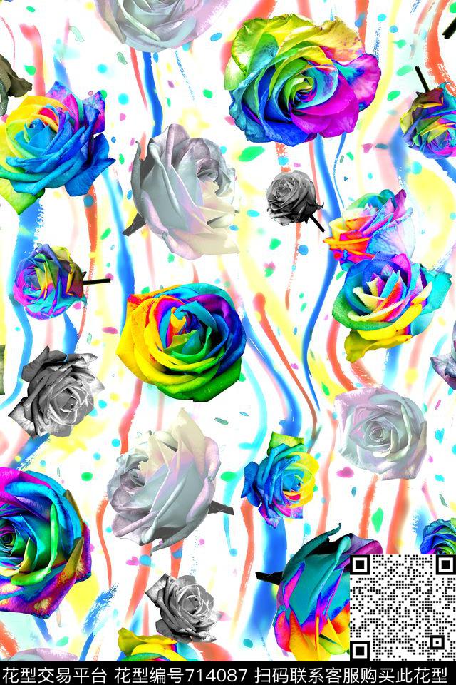 多彩花朵条纹加花卉花卉数码印花华亿平台下载（图片编号: 714087） - 瓦栏（Walan）