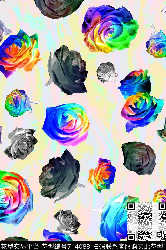 多彩花朵条纹加花卉花卉数码印花华亿平台下载（图片编号: 714088） - 瓦栏（Walan）