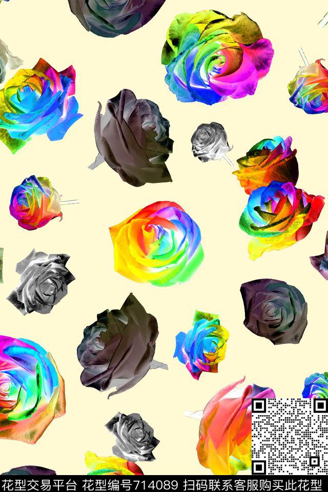 多彩花朵条纹加花卉花卉数码印花华亿平台下载（图片编号: 714089） - 瓦栏（Walan）