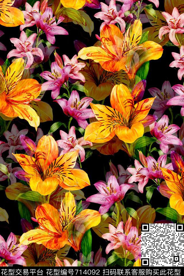 潮流时尚大小花百合数码印花华亿平台下载（图片编号: 714092） - 瓦栏（Walan）