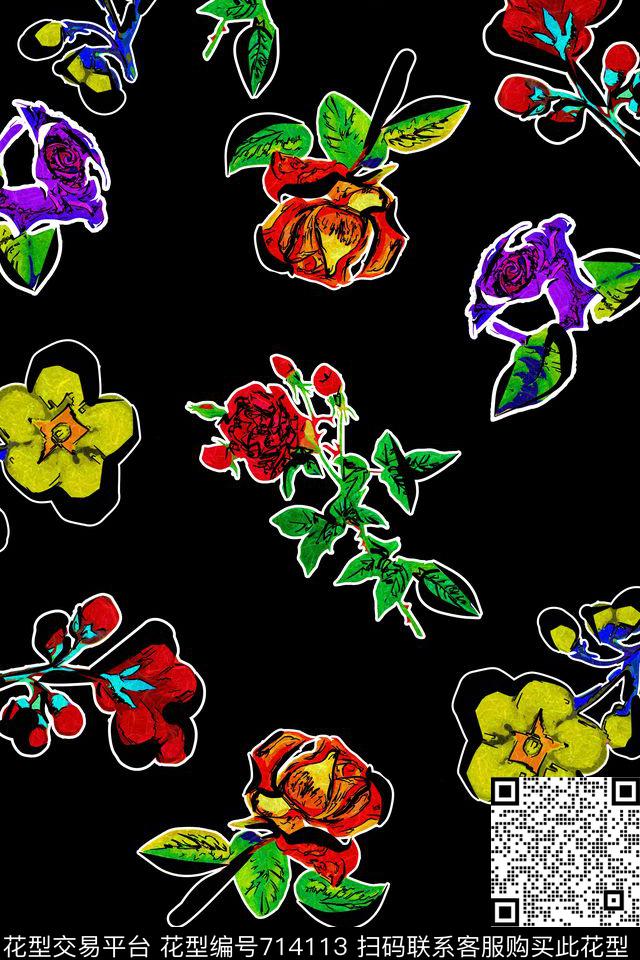 水彩花卉原创手绘花卉涂鸦花卉数码印花华亿平台下载（图片编号: 714113） - 瓦栏（Walan）