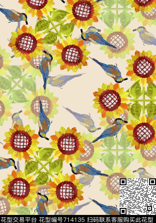 花卉向日葵小鸟传统印花华亿平台下载（图片编号: 714135） - 瓦栏（Walan）