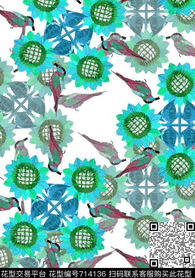 花卉向日葵小鸟传统印花华亿平台下载（图片编号: 714136） - 瓦栏（Walan）