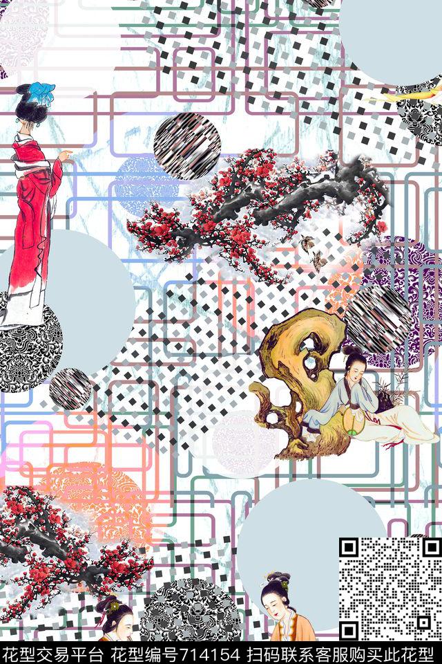 中国风仕女图现代仕女图数码印花华亿平台下载（图片编号: 714154） - 瓦栏（Walan）