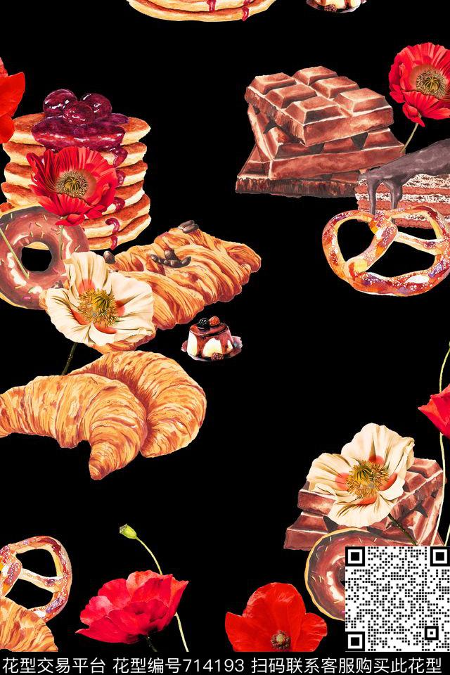 欧式插画手绘面包巧克力数码印花华亿平台下载（图片编号: 714193） - 瓦栏（Walan）