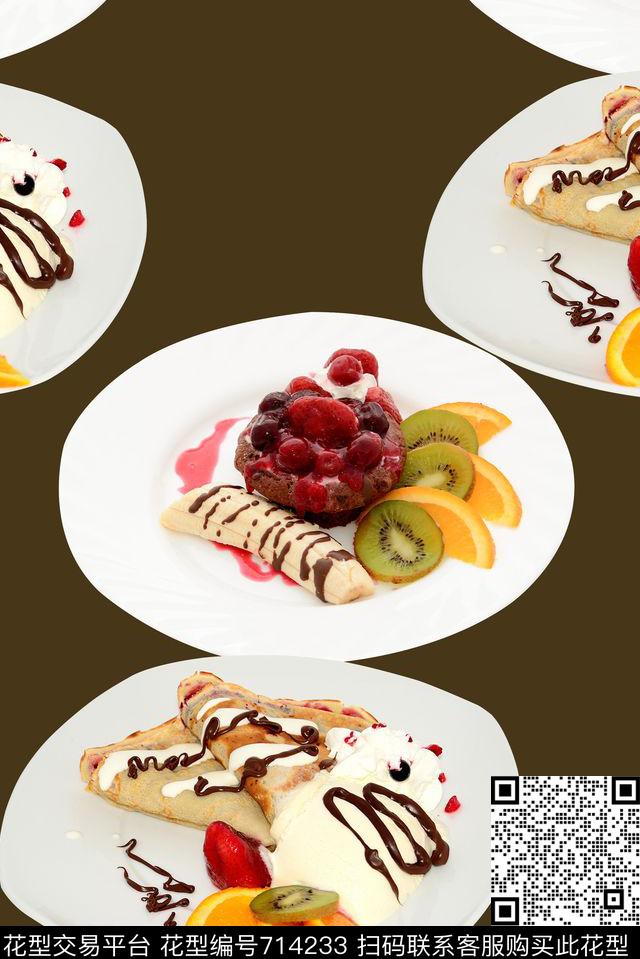 抽象手绘水彩画碟子食物面包水果数码印花时尚潮流女装裙子彩绘几何印花欧美复古大牌女装印花数码印花华亿平台下载（图片编号: 714233） - 瓦栏（Walan）
