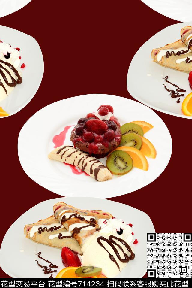 抽象手绘水彩画碟子食物面包水果数码印花时尚潮流女装裙子彩绘几何印花欧美复古大牌女装印花数码印花华亿平台下载（图片编号: 714234） - 瓦栏（Walan）