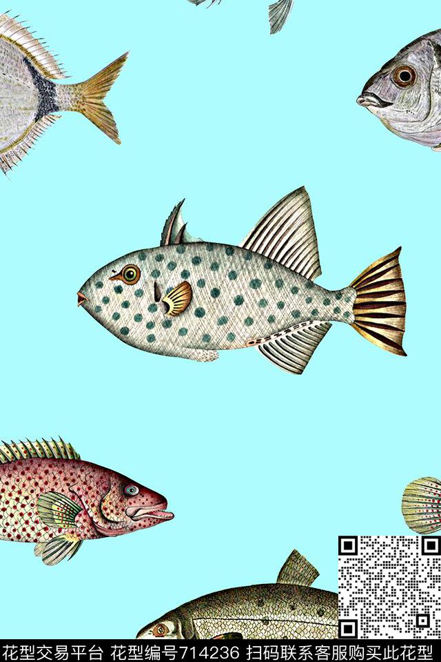 抽象手绘水彩画鱼动物数码印花时尚潮流女装裙子彩绘几何印花欧美复古大牌女装印花数码印花华亿平台下载（图片编号: 714236） - 瓦栏（Walan）
