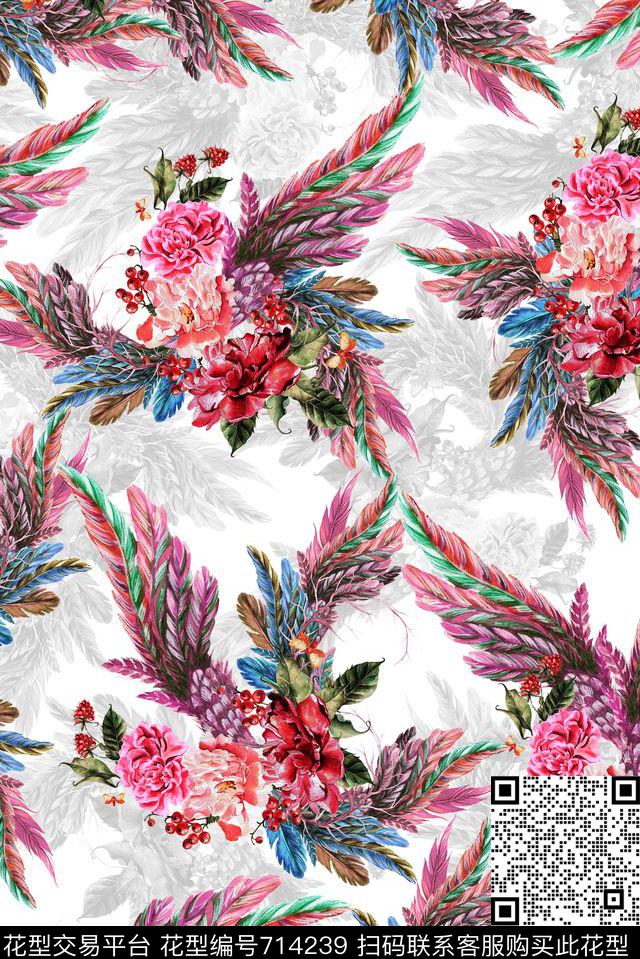 花朵花卉羽毛数码印花华亿平台下载（图片编号: 714239） - 瓦栏（Walan）