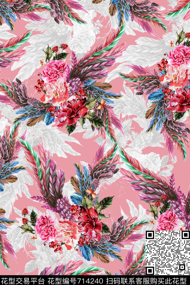 花朵花卉羽毛数码印花华亿平台下载（图片编号: 714240） - 瓦栏（Walan）