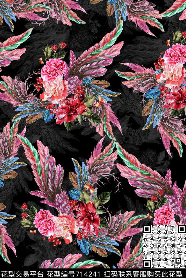 花朵花卉羽毛数码印花华亿平台下载（图片编号: 714241） - 瓦栏（Walan）