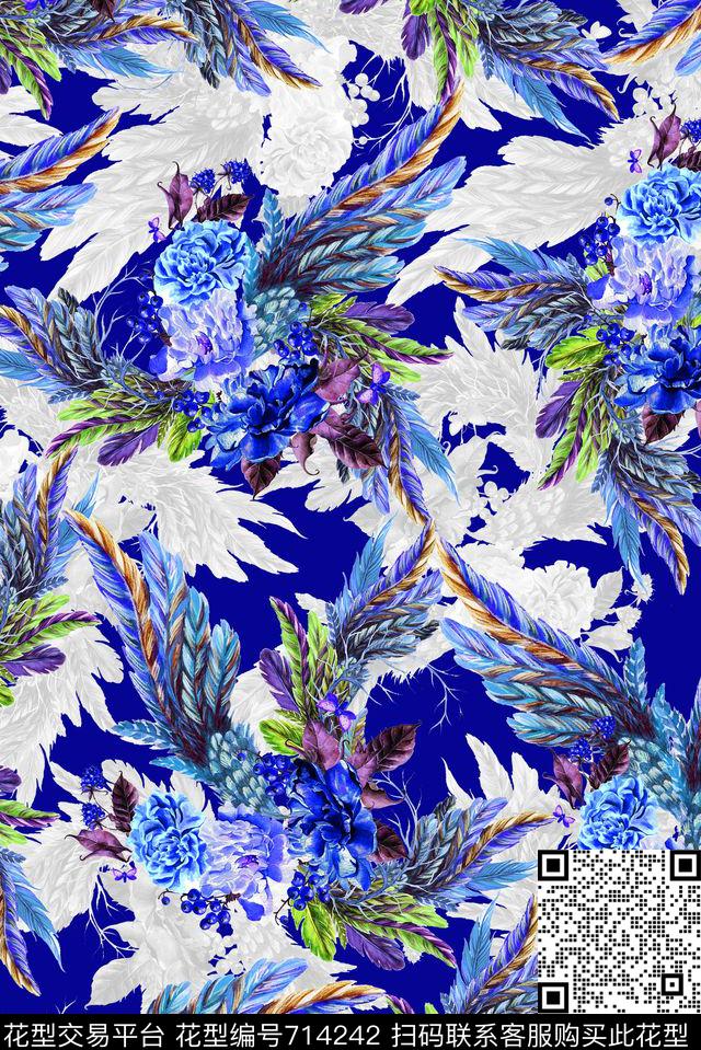 花朵花卉羽毛数码印花华亿平台下载（图片编号: 714242） - 瓦栏（Walan）