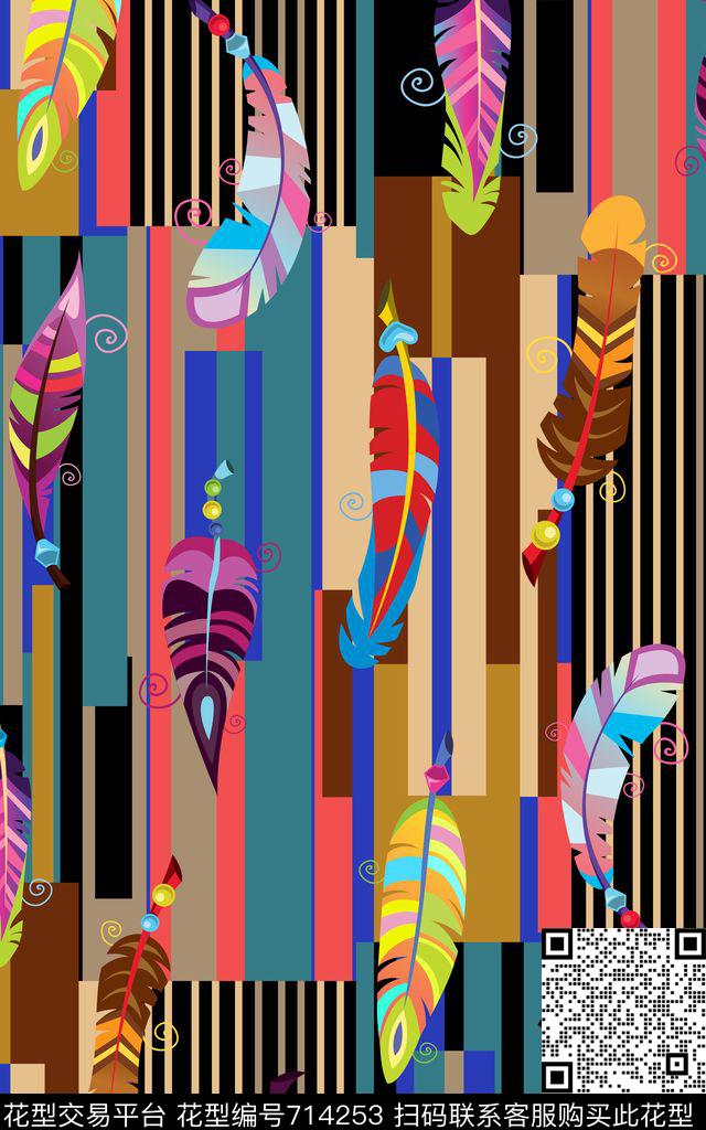 羽毛名族长条格子数码印花华亿平台下载（图片编号: 714253） - 瓦栏（Walan）