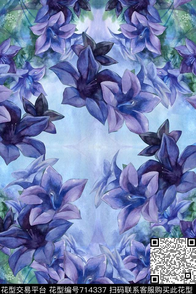水彩花卉飘带数码印花华亿平台下载（图片编号: 714337） - 瓦栏（Walan）