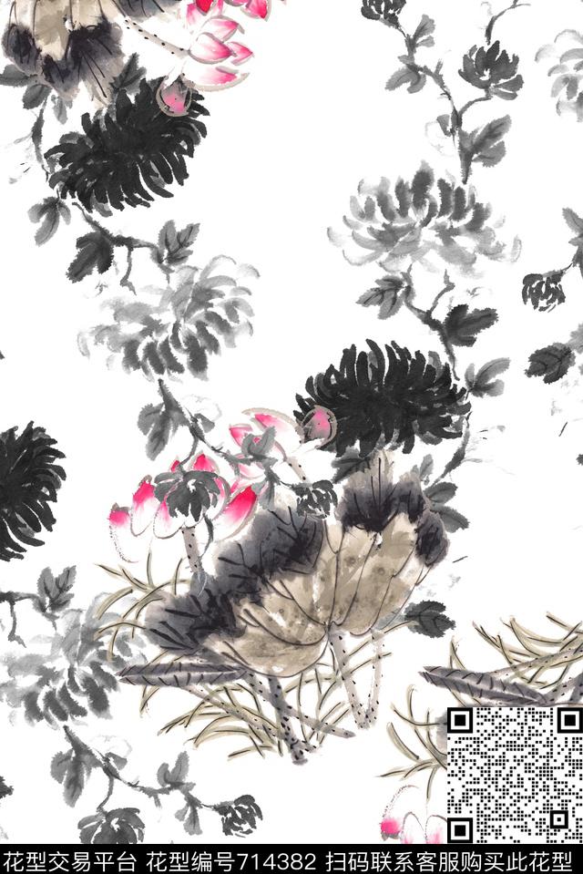 水墨中国风荷花数码印花华亿平台下载（图片编号: 714382） - 瓦栏（Walan）