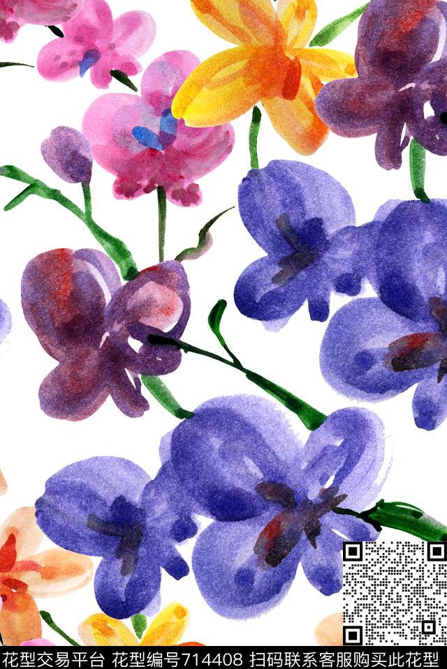 手绘宝蓝卡通数码印花华亿平台下载（图片编号: 714408） - 瓦栏（Walan）