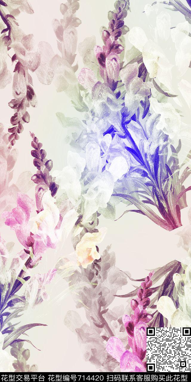竹叶乱花花朵数码印花华亿平台下载（图片编号: 714420） - 瓦栏（Walan）