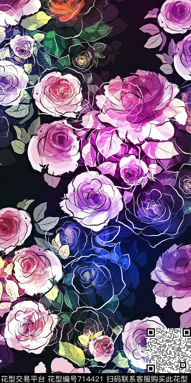 大花玫瑰花朵数码印花华亿平台下载（图片编号: 714421） - 瓦栏（Walan）