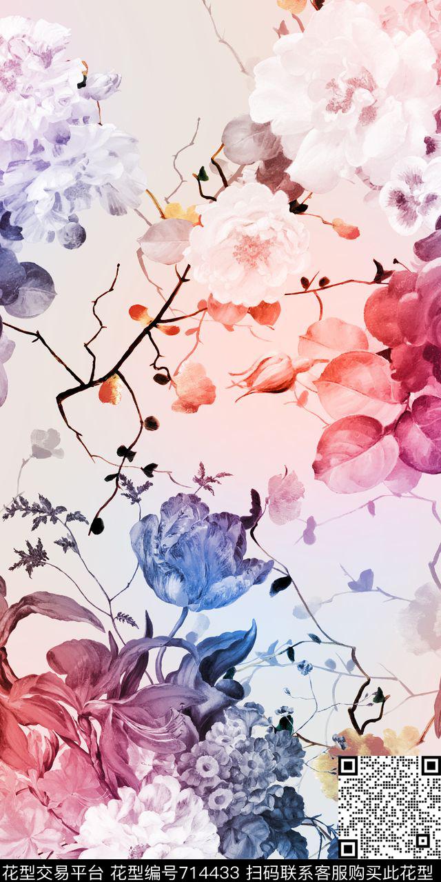 大花花朵花卉数码印花华亿平台下载（图片编号: 714433） - 瓦栏（Walan）