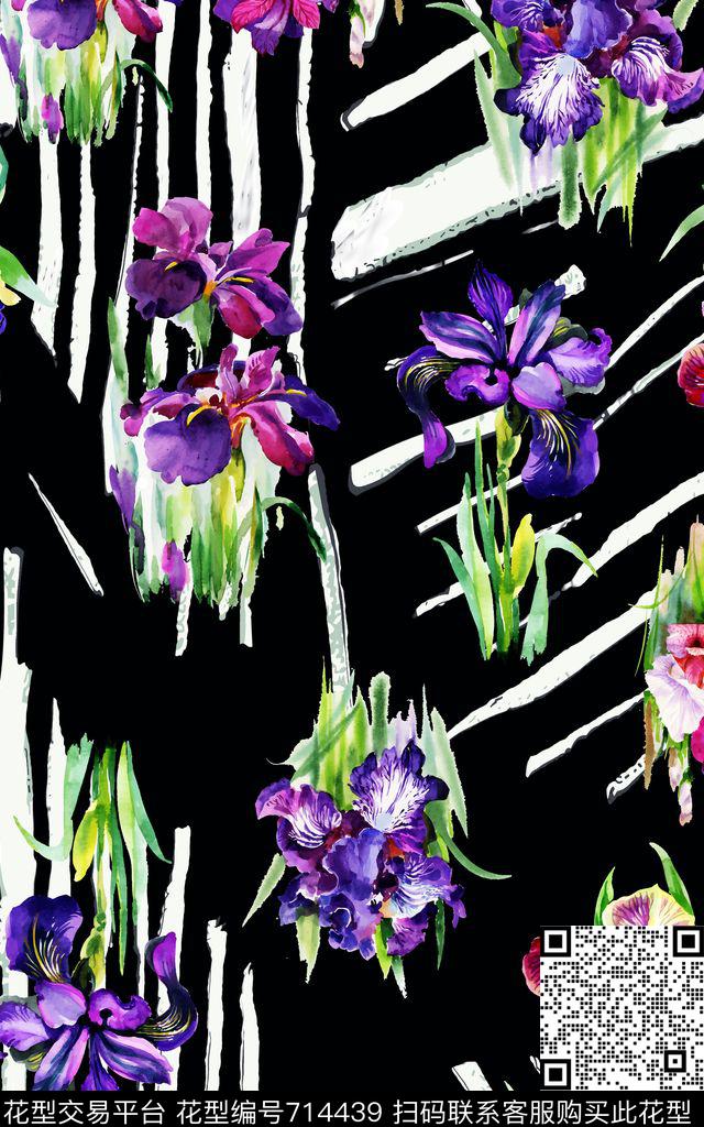 花卉花朵条纹数码印花华亿平台下载（图片编号: 714439） - 瓦栏（Walan）