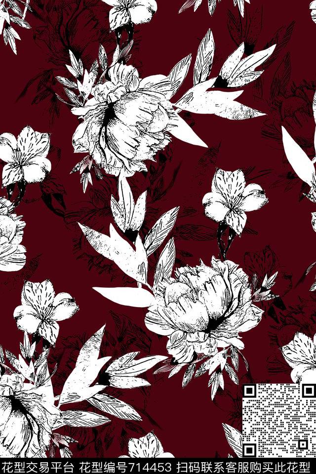 复古黑白花朵花卉数码印花华亿平台下载（图片编号: 714453） - 瓦栏（Walan）