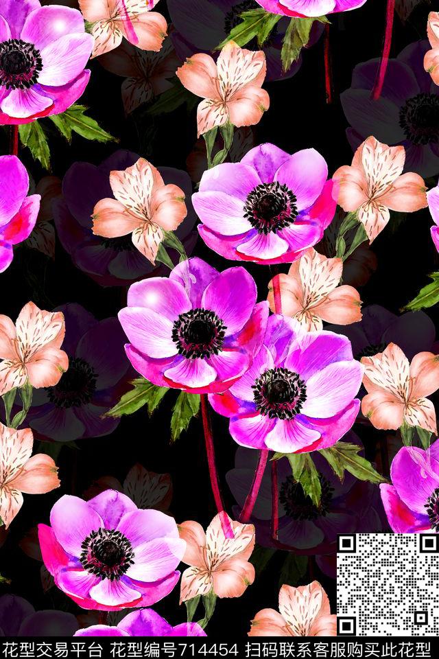 罂粟花大小花花卉数码印花华亿平台下载（图片编号: 714454） - 瓦栏（Walan）
