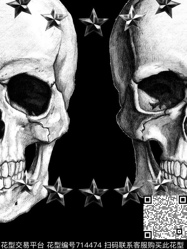 黑白骷髅头PP数码印花华亿平台下载（图片编号: 714474） - 瓦栏（Walan）