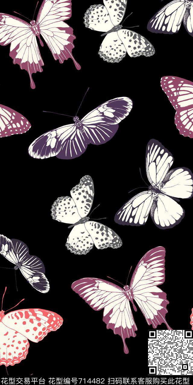 昆虫蝴蝶黑底传统印花华亿平台下载（图片编号: 714482） - 瓦栏（Walan）
