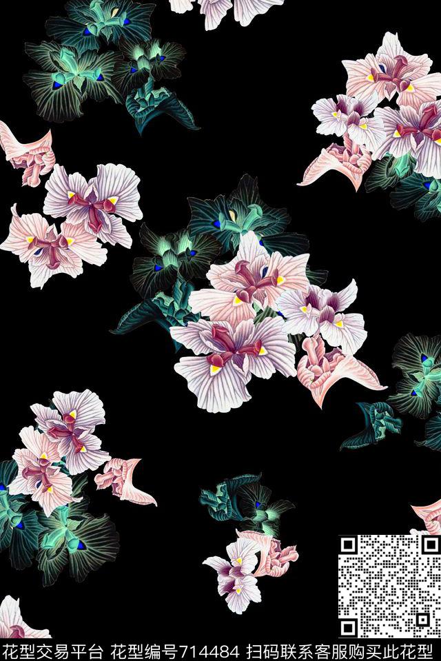 花朵花卉黑底数码印花华亿平台下载（图片编号: 714484） - 瓦栏（Walan）