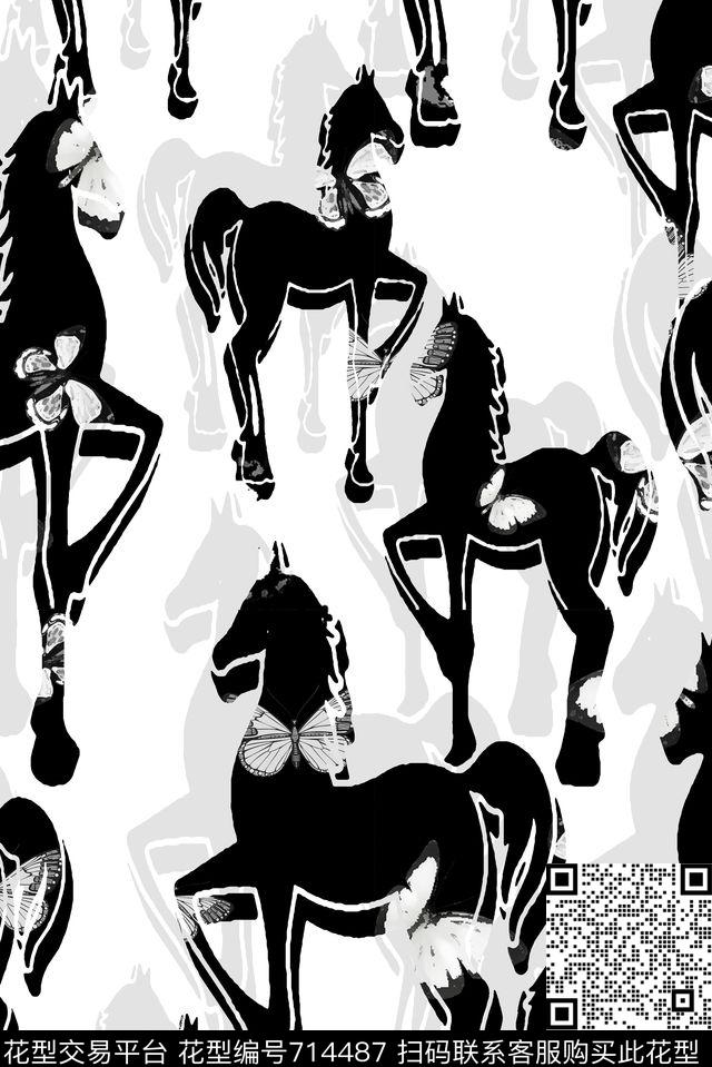 蝴蝶马黑白数码印花华亿平台下载（图片编号: 714487） - 瓦栏（Walan）
