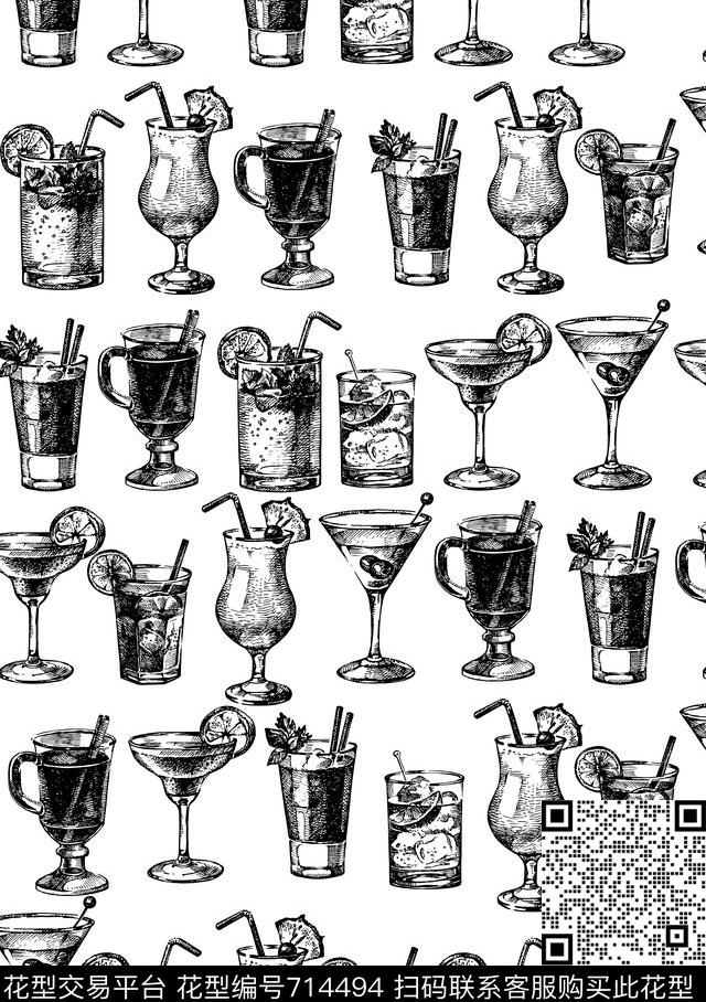 日韩黑白鸡尾酒杯传统印花华亿平台下载（图片编号: 714494） - 瓦栏（Walan）