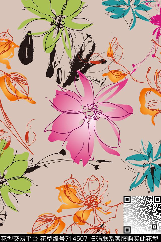 抽象花卉涂鸦数码印花华亿平台下载（图片编号: 714507） - 瓦栏（Walan）