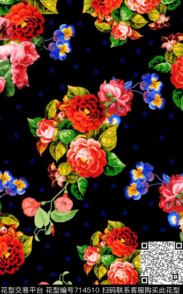 乱花玫瑰花朵数码印花华亿平台下载（图片编号: 714510） - 瓦栏（Walan）