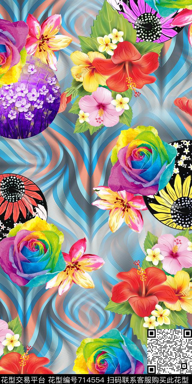 圆盘花卉鸡蛋花数码印花华亿平台下载（图片编号: 714554） - 瓦栏（Walan）