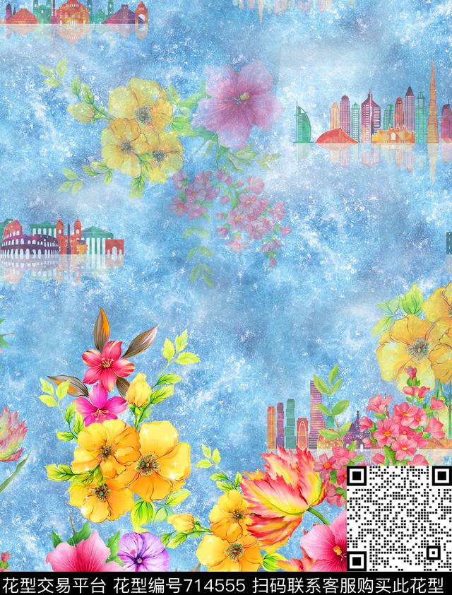 清爽花卉水彩城堡肌理数码印花华亿平台下载（图片编号: 714555） - 瓦栏（Walan）