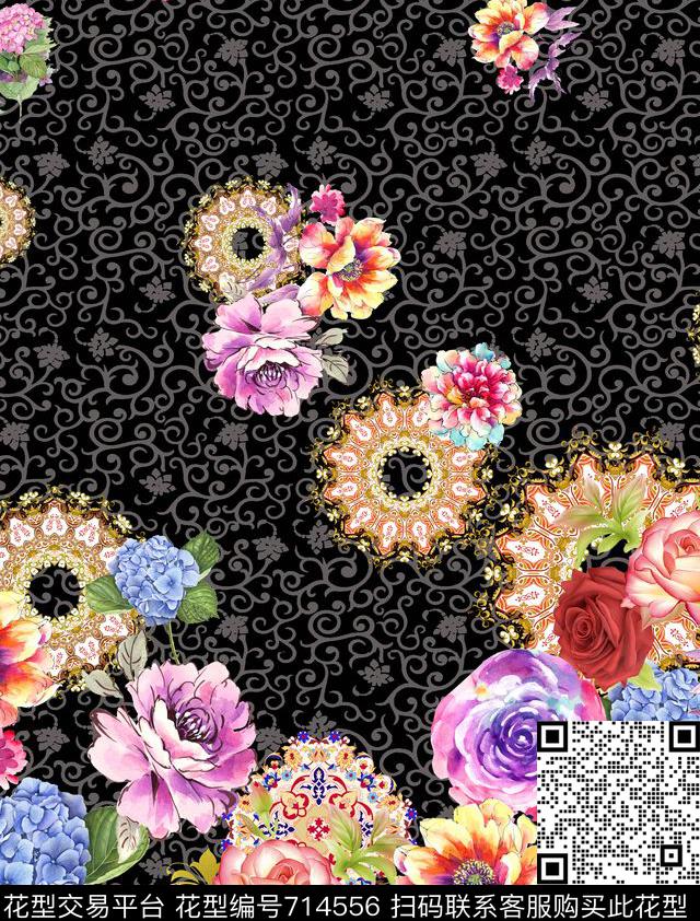 圆盘复古花卉欧式底纹数码印花华亿平台下载（图片编号: 714556） - 瓦栏（Walan）